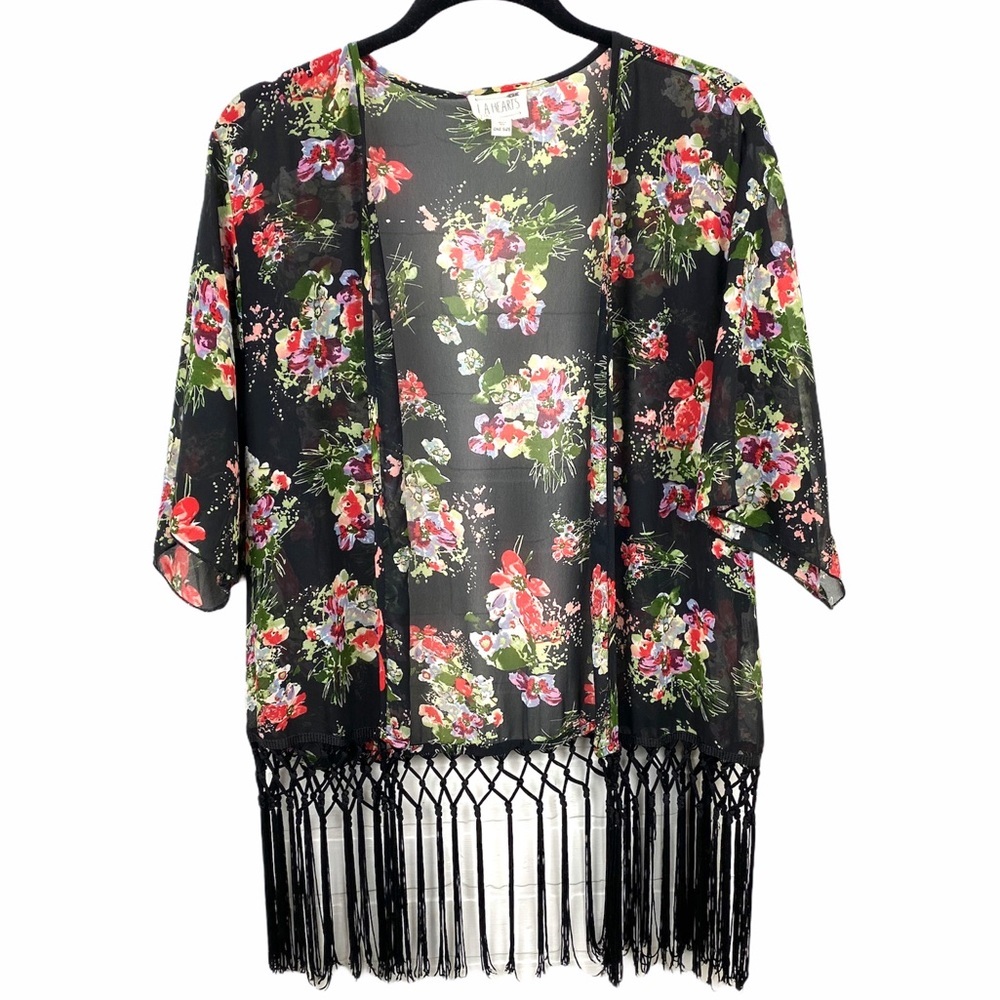 La Hearts Floral Fringed Black Kimono